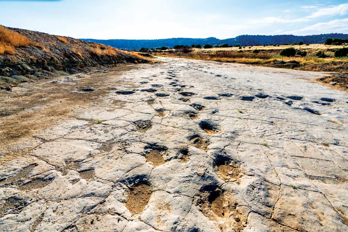 A brown landscape with footprints is cracked in the middle of the photo and stretches for what looks like miles in front of the camera. In the distance on the horizon is a range of blue mountains.