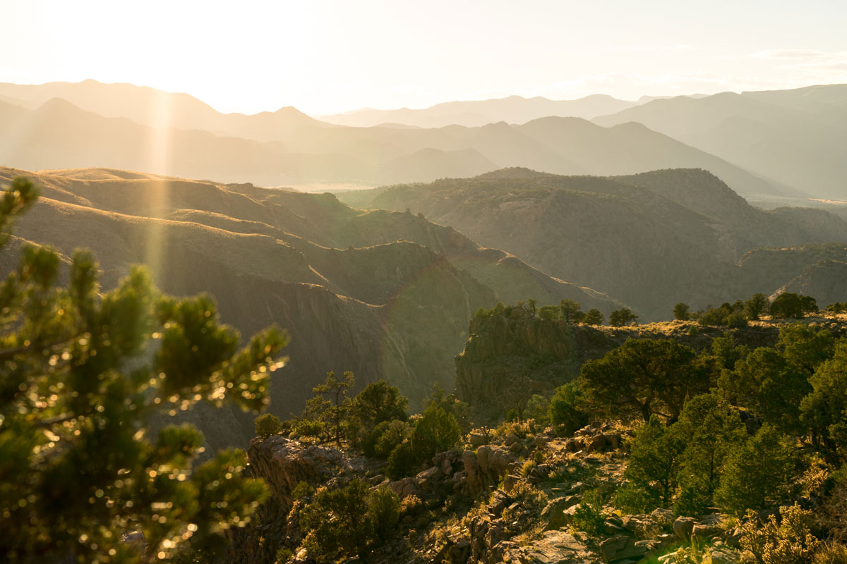 In the foreground are scattered green pine trees and shrubbery amongst a rocky cliffside. In the background is the other side of a wide, hilly valley covered in greenery. Along the horizon are the outlines of distant mountains. All of it is lit golden by the setting sun.