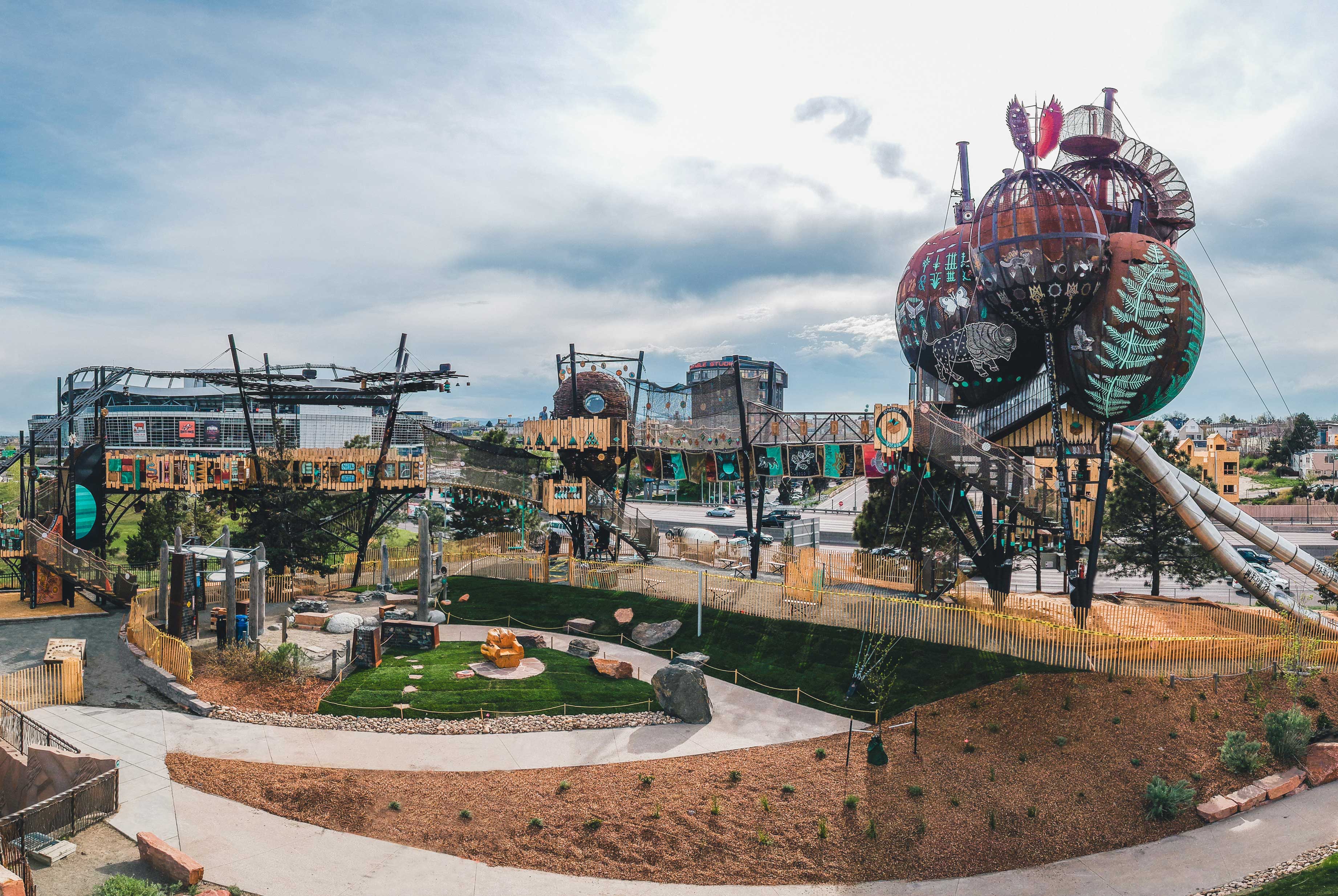 Aerial swings, giant cocoons, swinging walkways and other equipment await playful children outside the Children's Museum of Denver in Denver, Colorado.