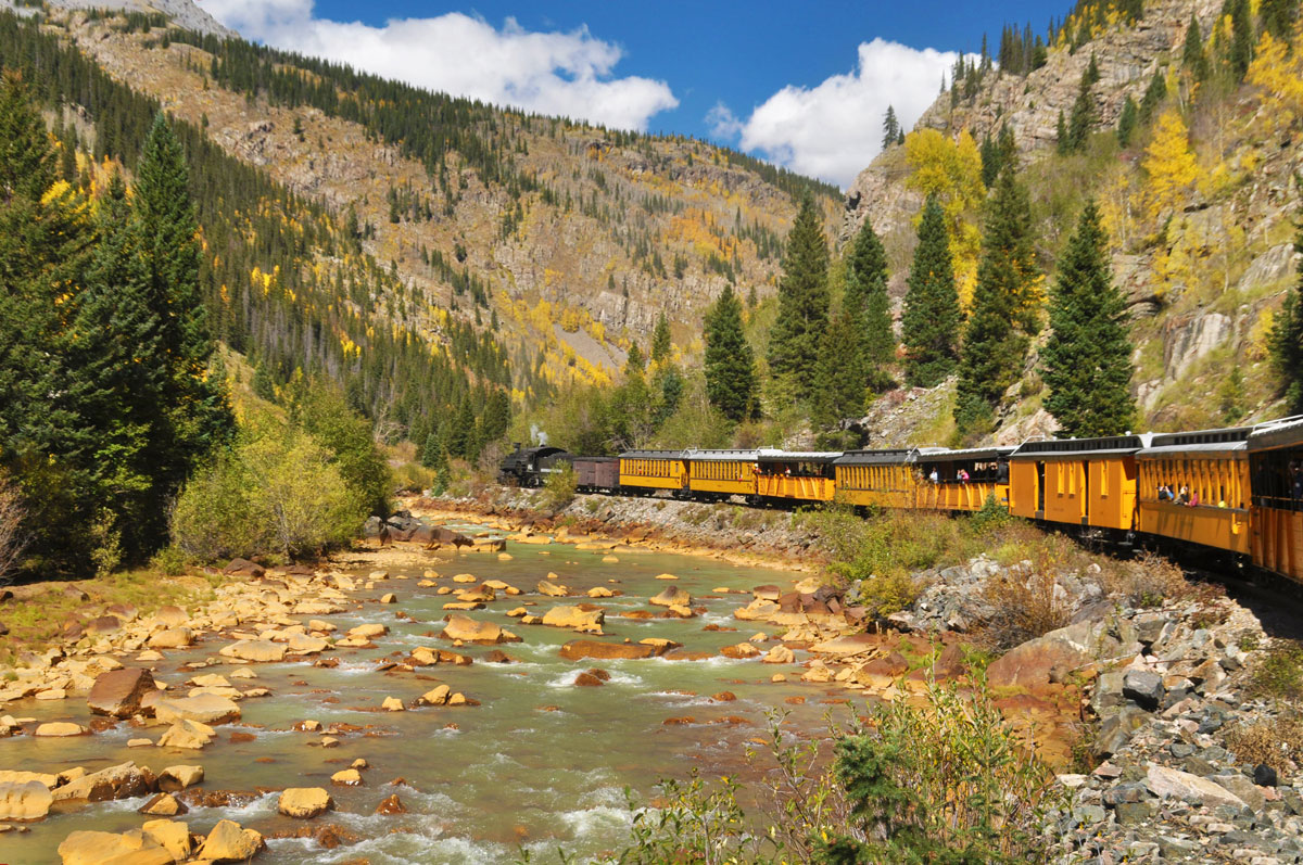 The Durango Train rides along the Animas River during fall time. The train's engine is black and pulls ten or so orange passenger cars. The trees are a mix of green and gold.