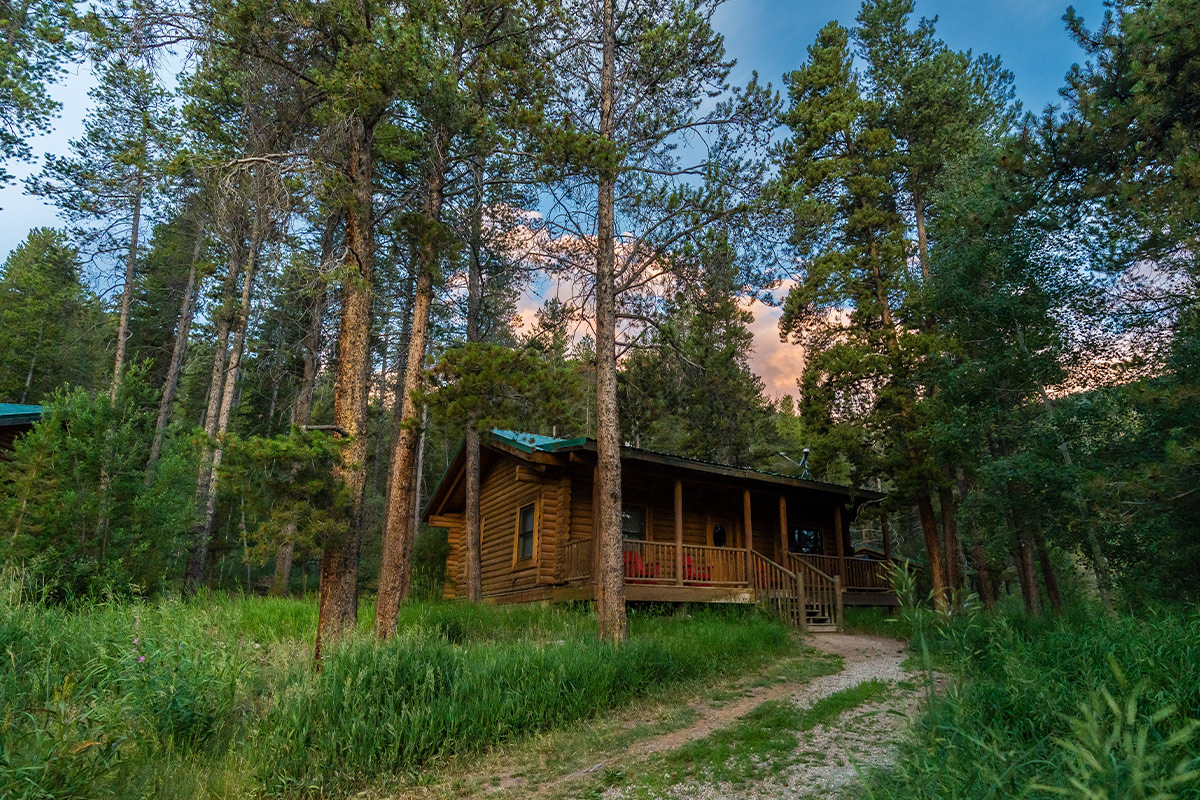 A wooden cabin with a green roof and a covered porch is surrounded by towering pines at Camp Hale in Colorado.