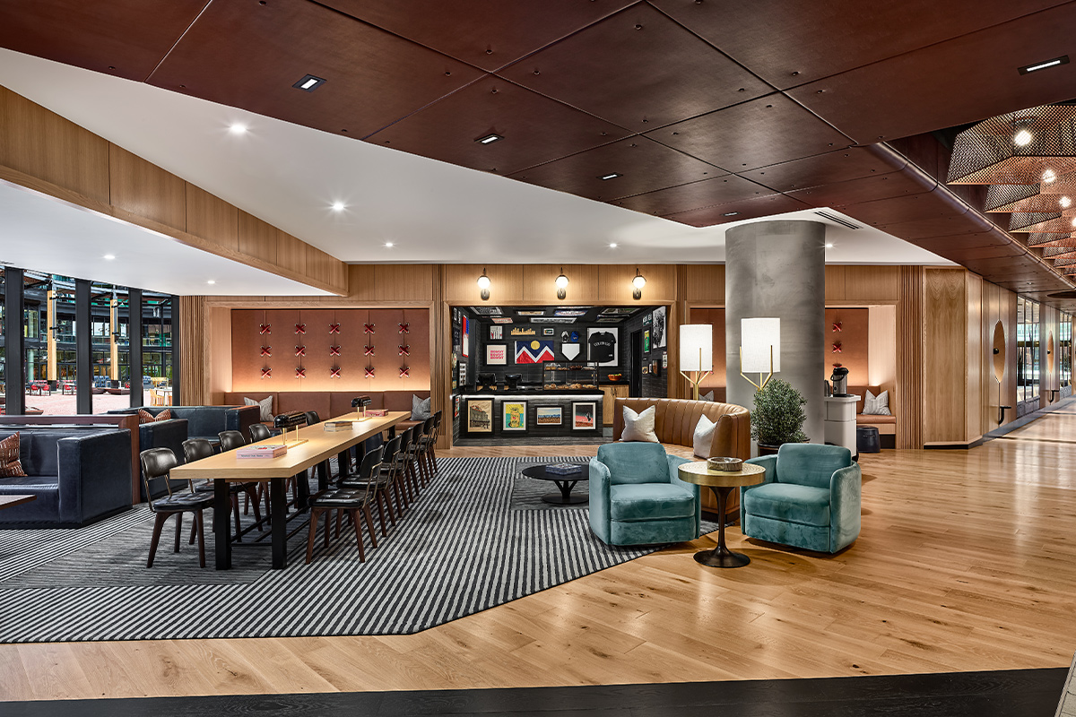 A contemporary-style cafe is available for guests at the The Rally Hotel in Denver, Colorado.