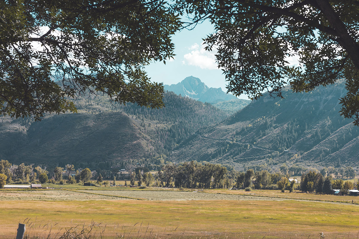 Across a low-cut grassy field, near Basecamp 550 in Colorado, mountain ridges covered in pine forests rise up to meet the cloudy sky.