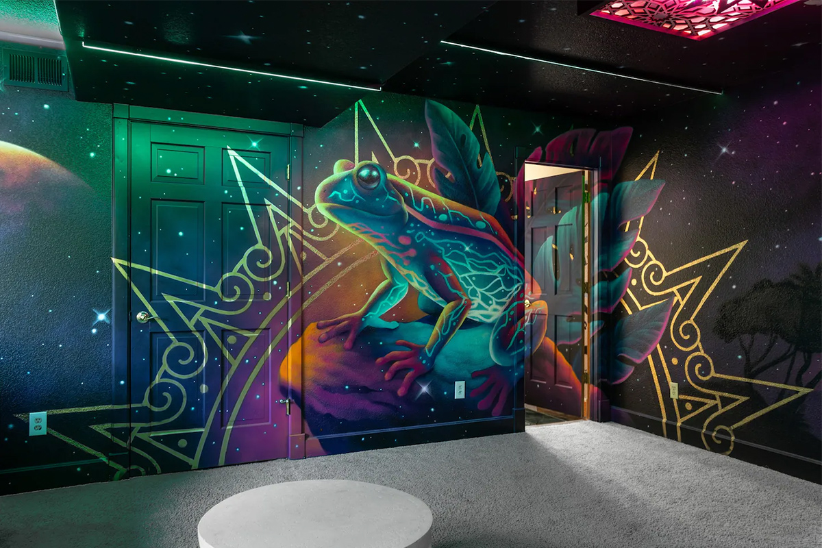 In a darkly lit room, a vibrantly painted tree frog mural pops with fuchsia, turquoise and lime green at at Hummingbird Hill in Colorado.