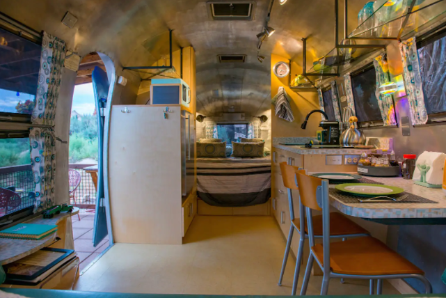 A well-organized kitchen area within Canyon Hideout Bungalow Airstream