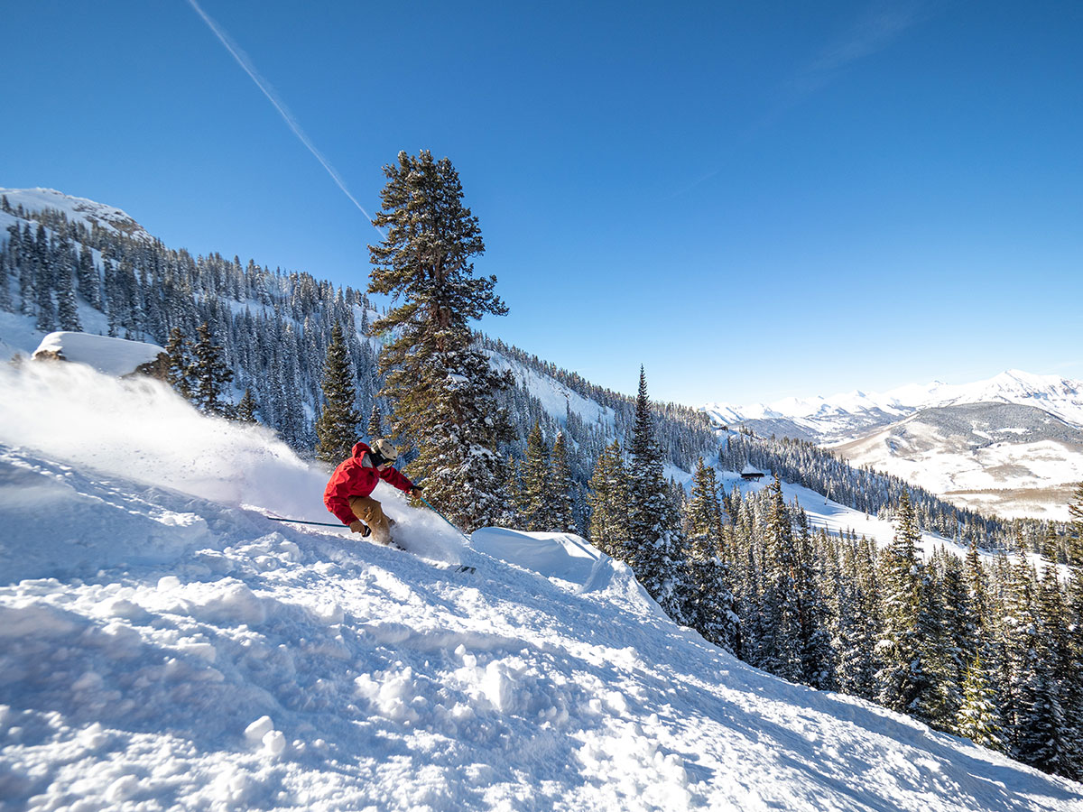 Steep, snow-covered ski run with a skier and pine trees on it