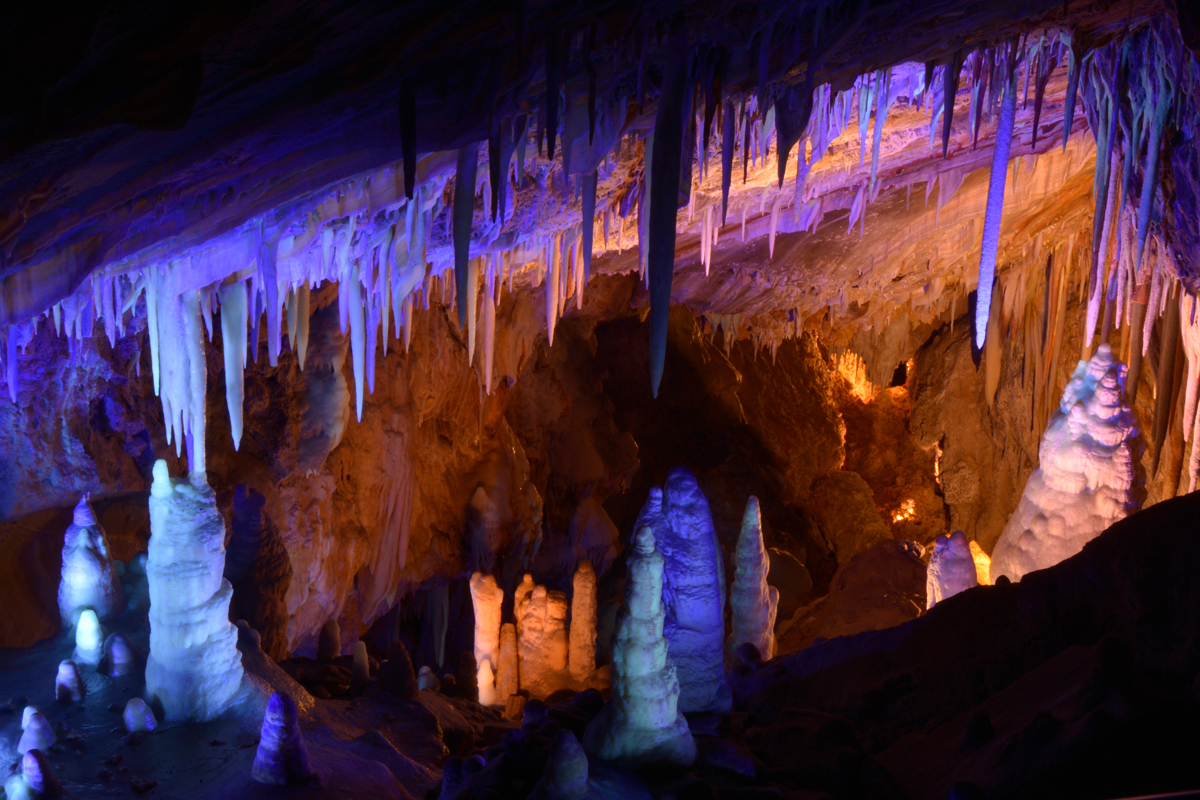 Red-rock stalagmites and stalactites tinted with soft purple and pink lights in the cavers of Glenwood Caverns Adventure Park in Glenwood Springs, Colorado. 