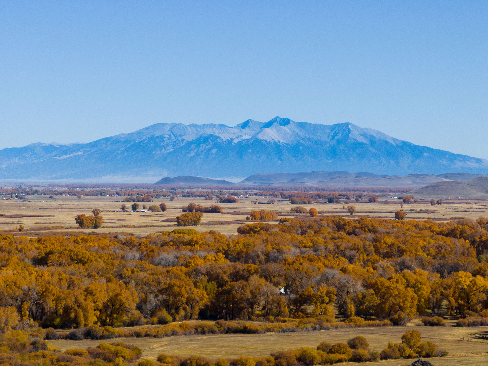 A fiew of blue peaks rusing above orange-leafed trees
