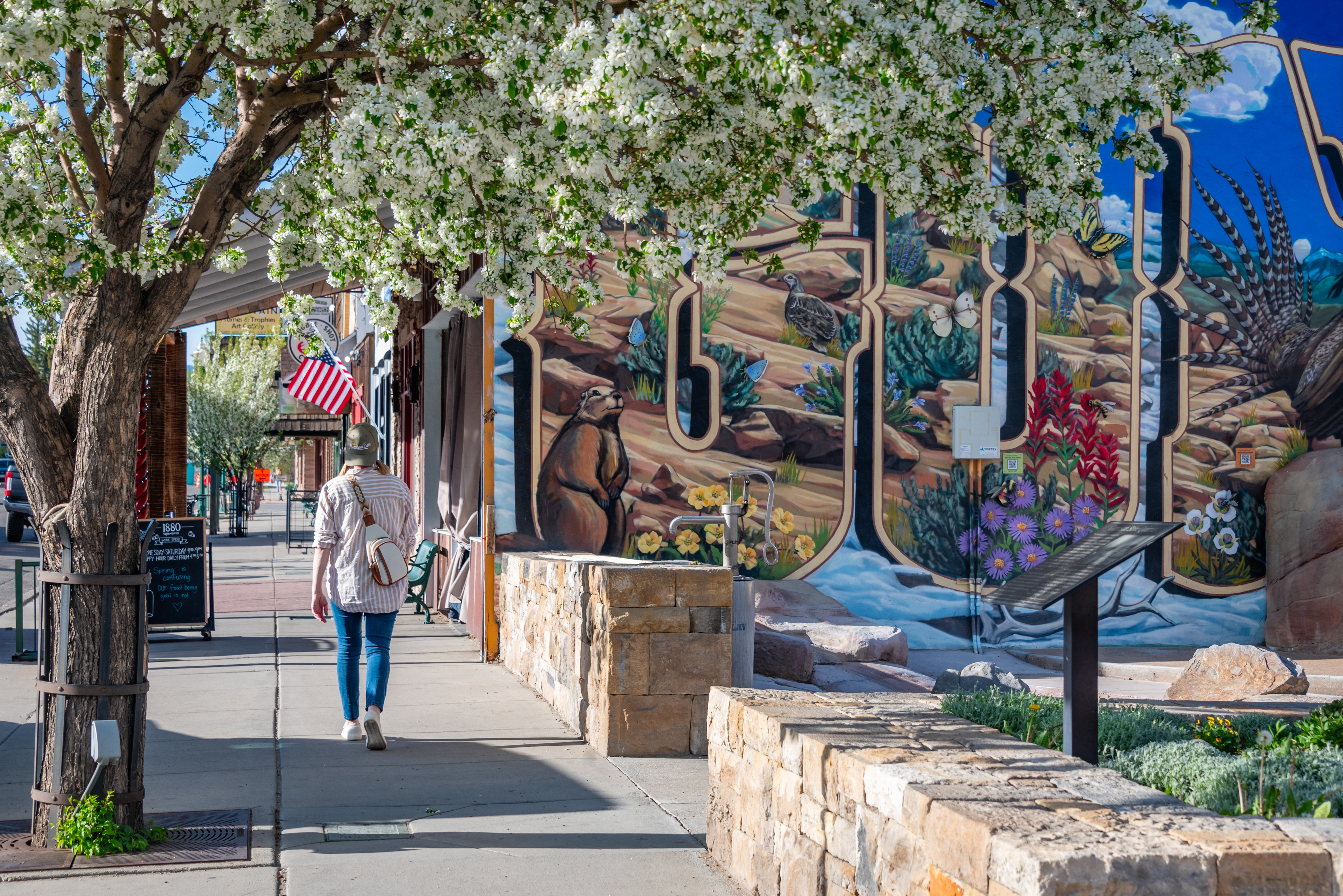 A person walks under the shade of trees and past a mural in downtown Gunnison, Colorado.
