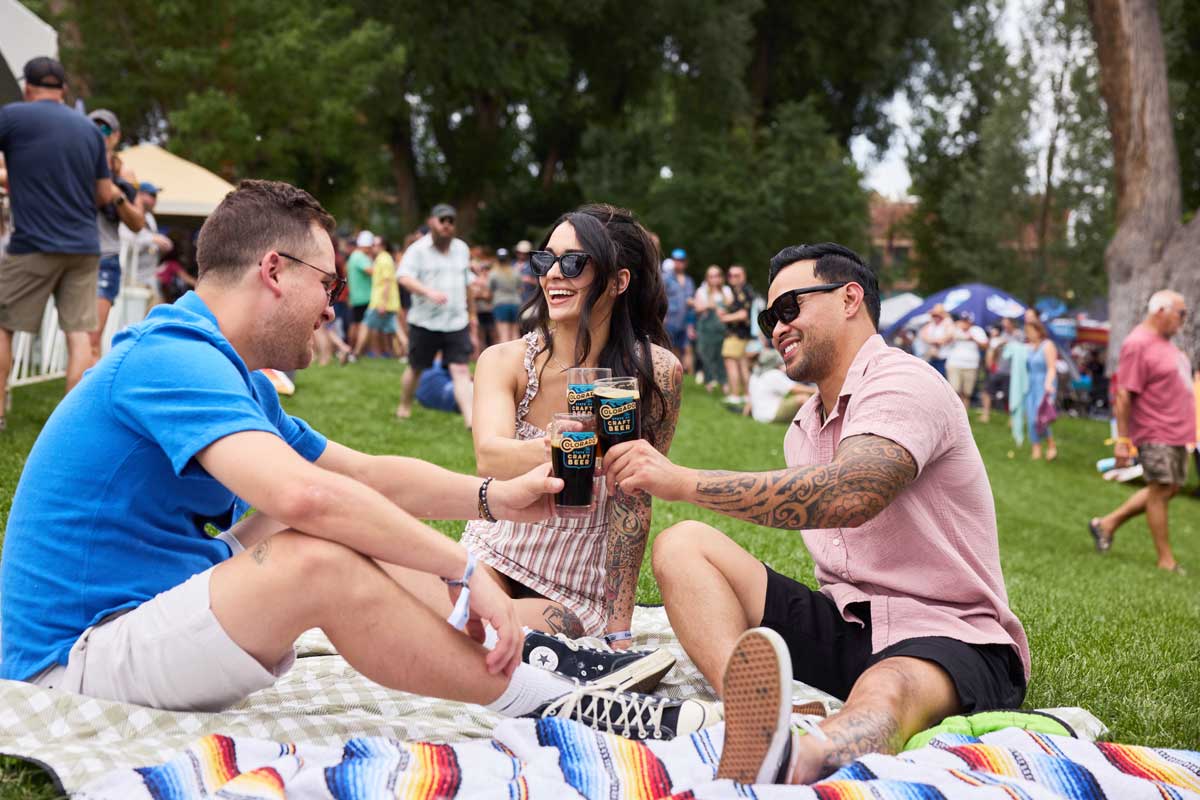 A group on a picnic blanket in a Salida park raise a beer toast