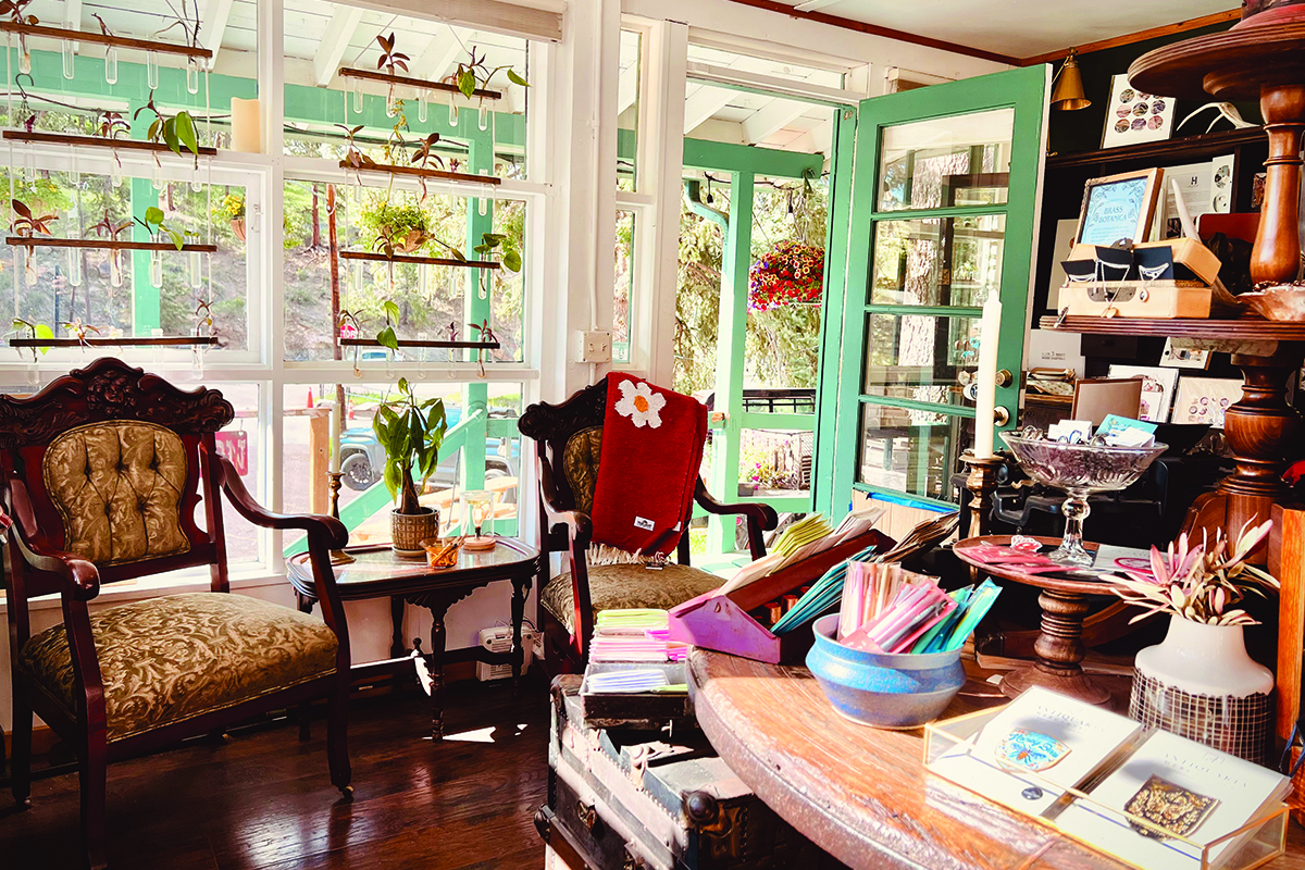 Inside a boutique with vintage chairs and various products for purchase.