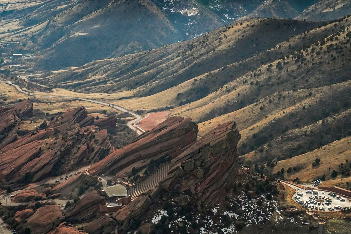 Aerial view of the Red Rocks Amphitheatre from Front Range Heli tour in Colorado.