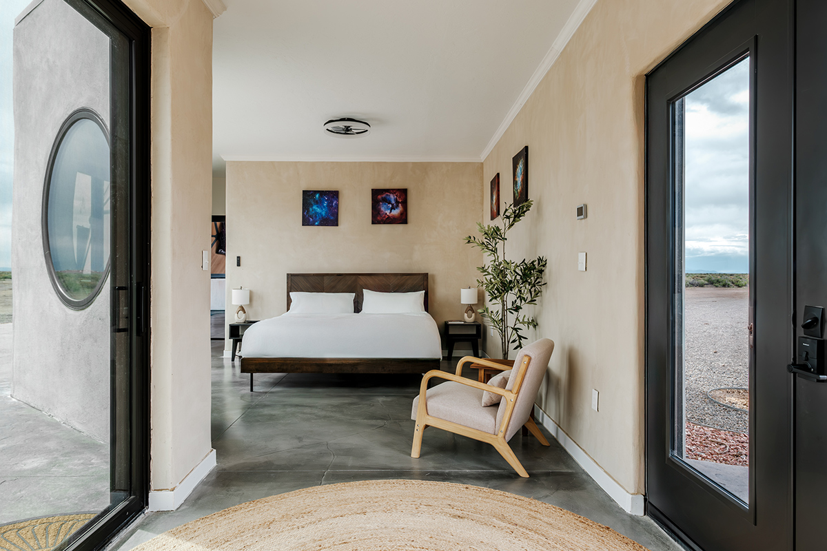 Glass doors and numerous windows along with bright natural colors and elements create a bright, warm and welcoming space at Kosmos' villas near Mosca, Colorado.