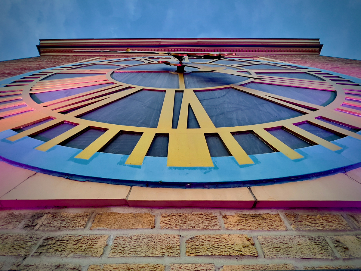 Close-up view of the historic Daniels and Fisher Tower clock face in Denver