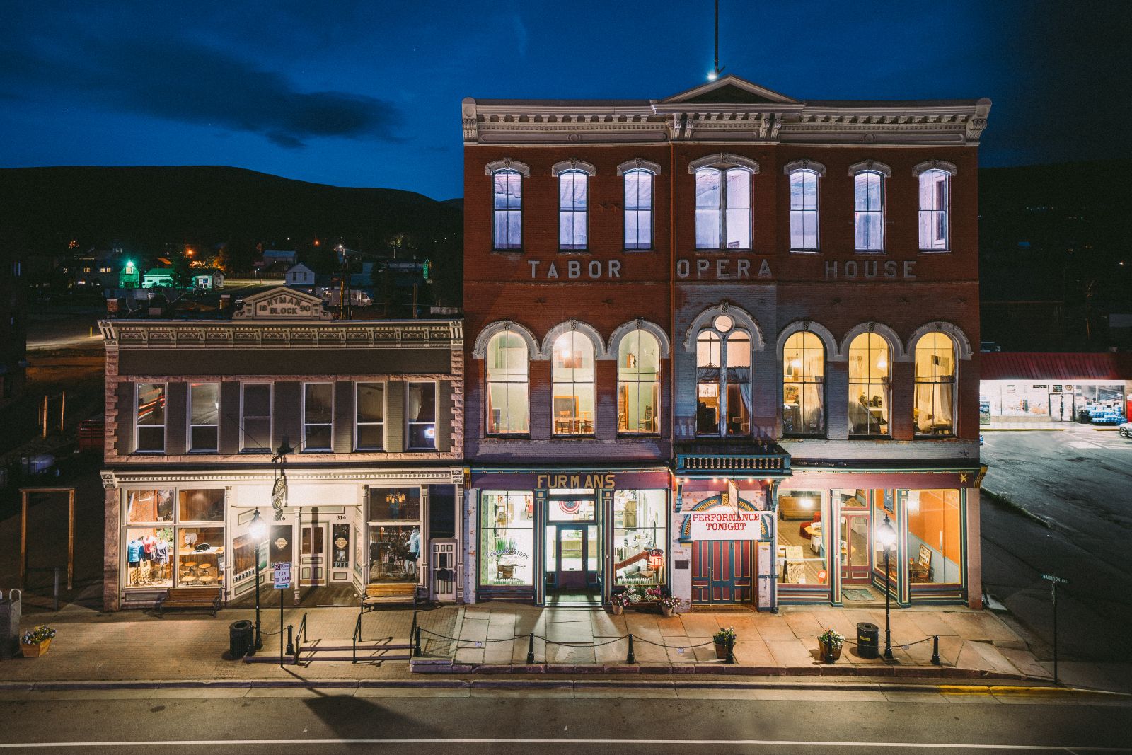 Tabor Opera House lit up at night
