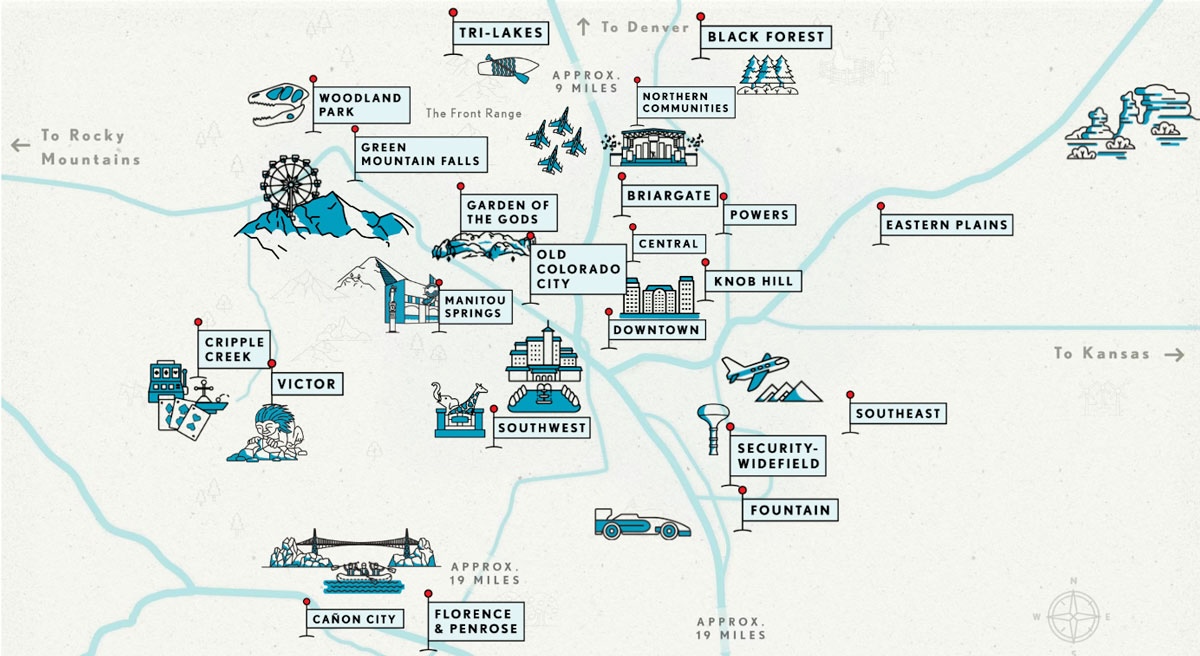 Illustrated map of Colorado Springs highlighting neighborhoods and nearby destinations