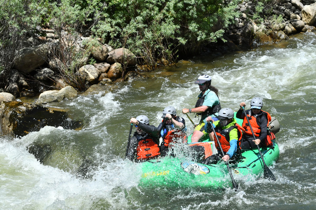 Whitewater rafters navigate churning rapids in The Numbers section of the Arkansas River.