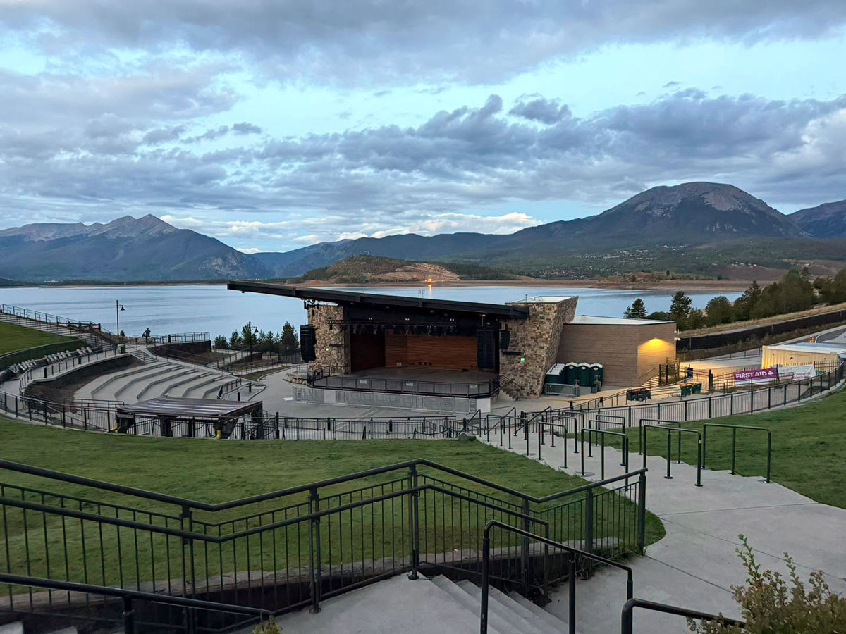 Dillon Amphitheater overlooking Dillon Reservoir and surrounding mountain peaks in Dillon, Colorado Pasted markdown