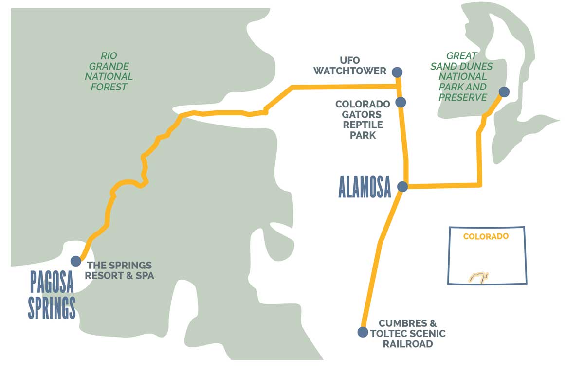 Steam, Sand, Spaceships & Hot Springs in Alamosa, Pagosa Springs & Beyond Map