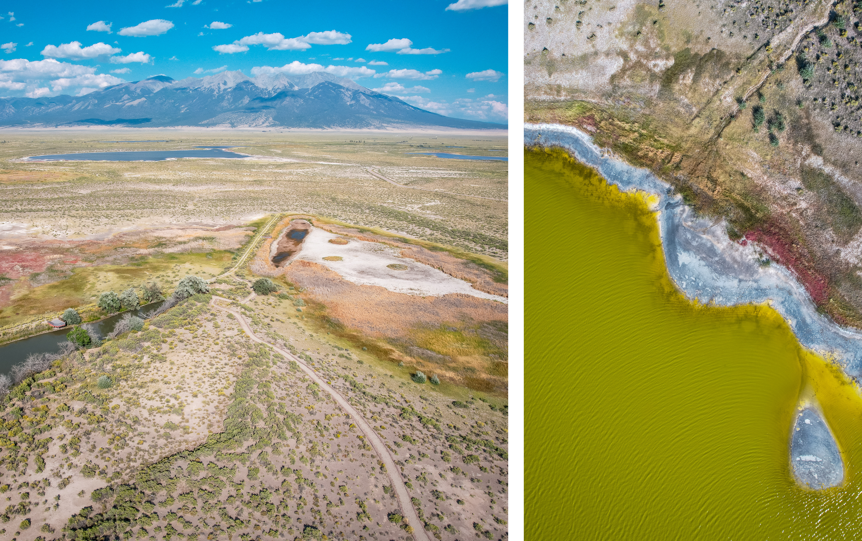 Looking down at Blanca Wetlands from a plane 