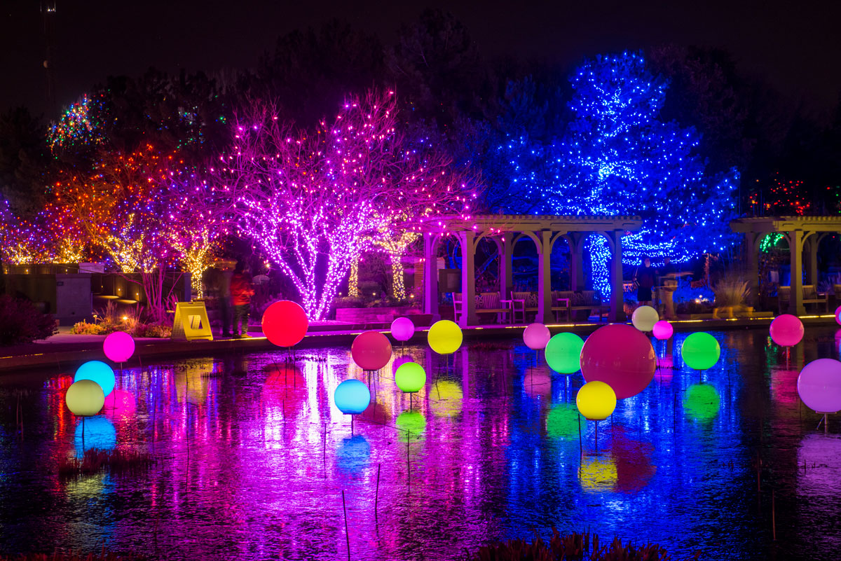 Colorful lights glow on a still lake, illuminating the trees in the background