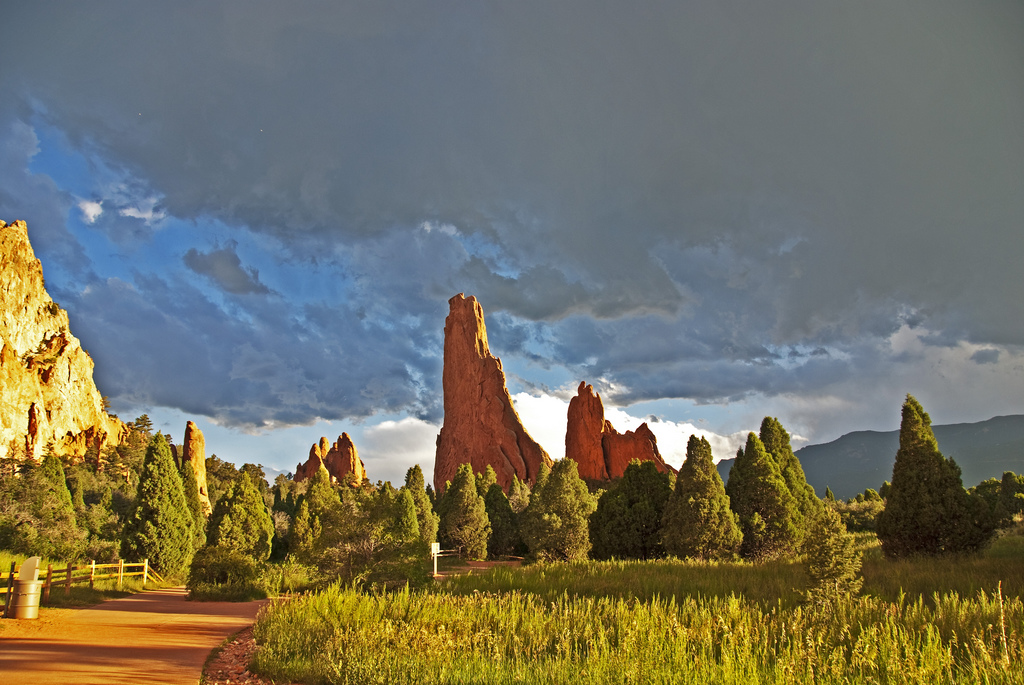 Rugged slabs of red rock jut up from the ground like sharp teeth at the Garden of the Gods near Colorado Springs. The tall rock slabs are surrounded by small evergreen trees.