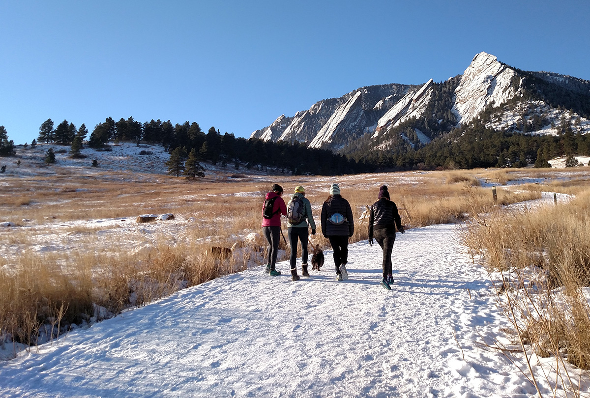 Four people walk side-by-side on a well-traversed, snow-dusted path framed on either side by tall, withered prairie grasses. In the distance a tall Colorado mountain peak looms.