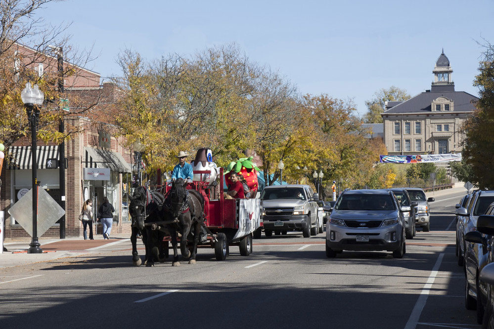 A fall wagon ride down Main Street in downtown Littleton with trees lining the right side of the street. In the distance the town hall looks over a banner and cars on the road.