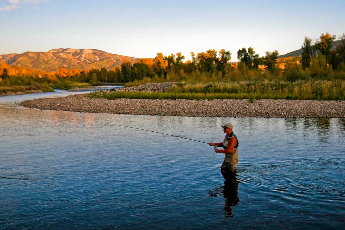 A person fly fishes in the middle of the river near Steamboat Springs at golden hour. In the distance snow-covered mountains are basked in pink, orange light. There are rocky shores to the river with green-leafed trees. 