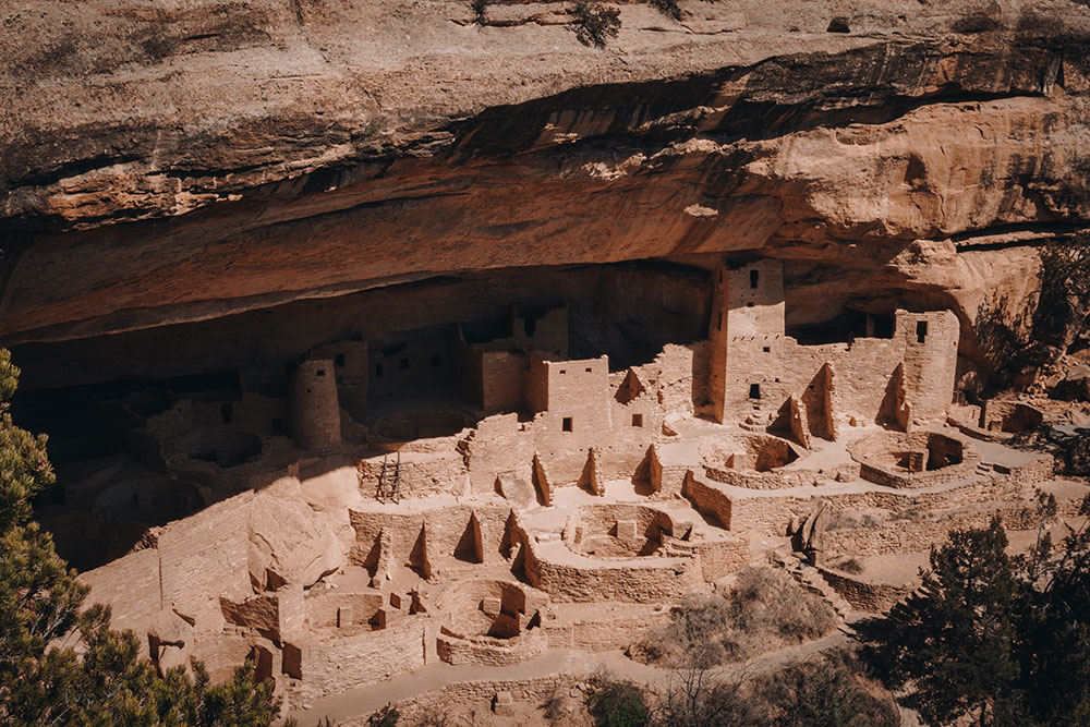 Sand-colored ancient cliff dwellings at Mesa Verde National Park