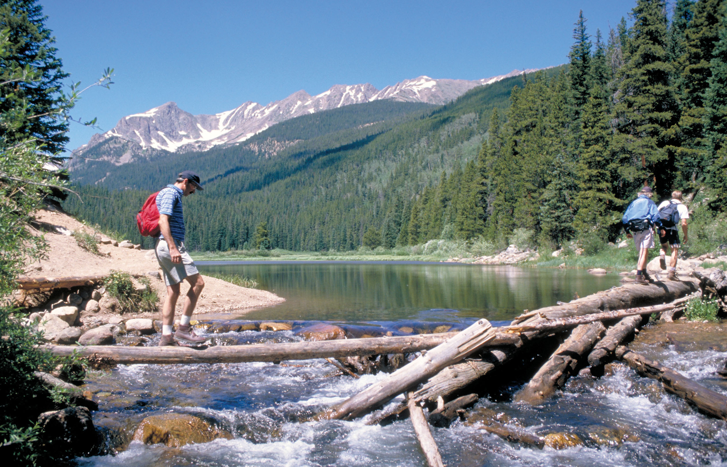 Three hikers walk carefully across fallen logs that span a body of water
