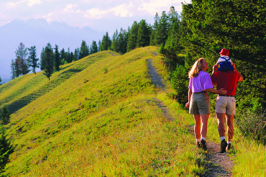 Two adults, one with a child perched on his shoulders, walks across a grassy ridge on a trail lined with evergreens