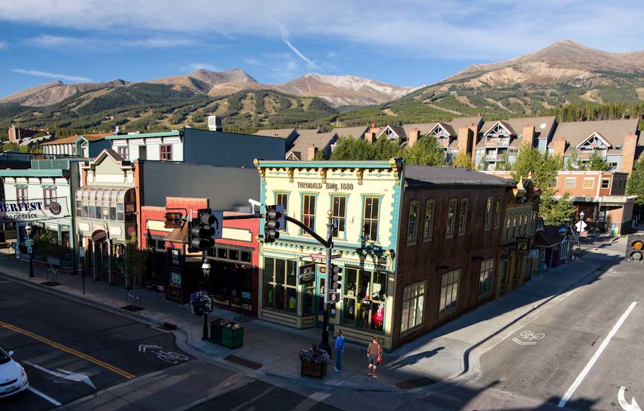 Sun shining on a row of buildings in Breckenridge Creative District