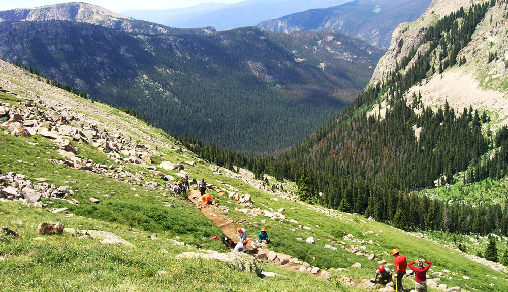 A group of volunteers in orange hard hats work together to repair part of a dirt trail on a grassy and rocky mountainside in Rocky Mountain National Park.