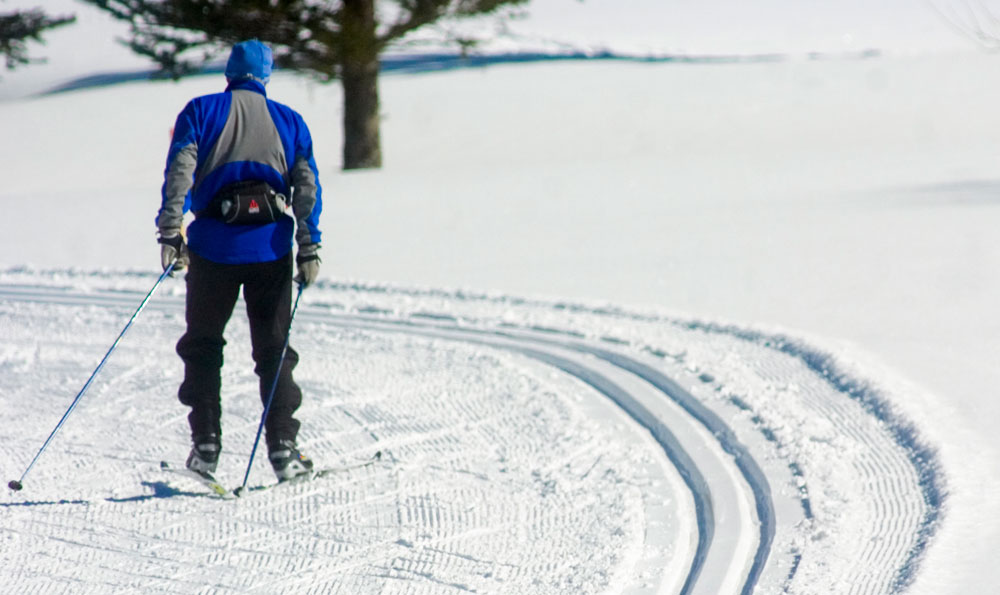 From behind, we see a cross-country skier using his poles to help propel him along a groomed trail