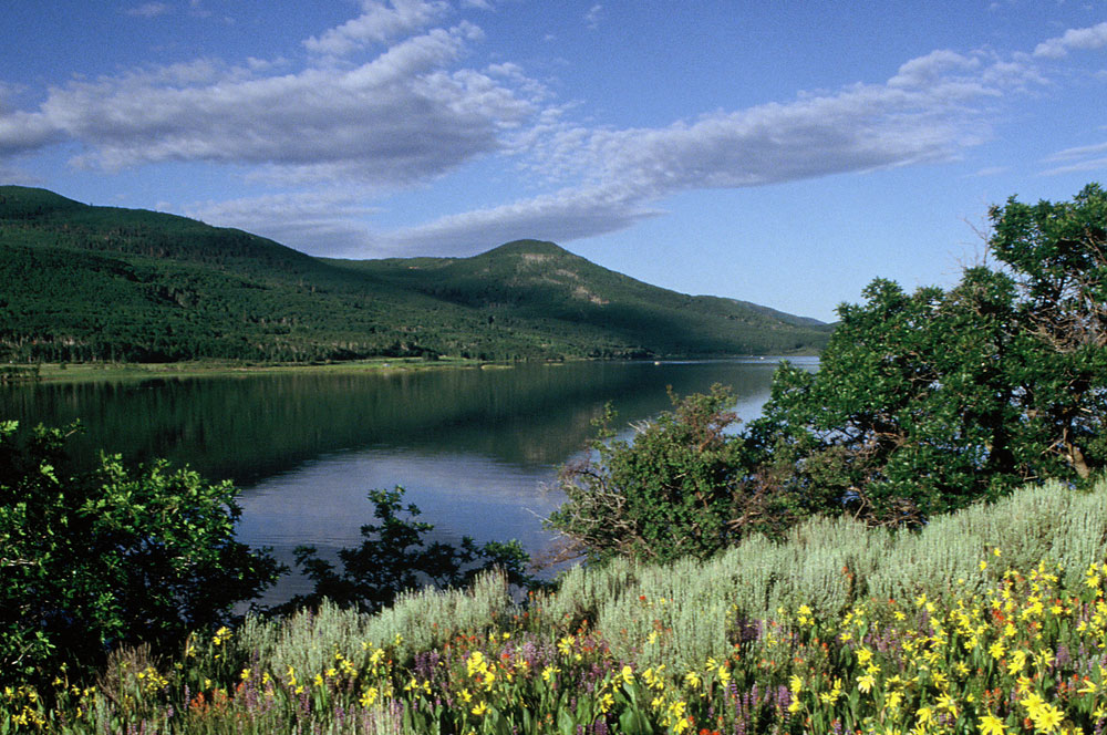 A still lake is lined with green trees and hills