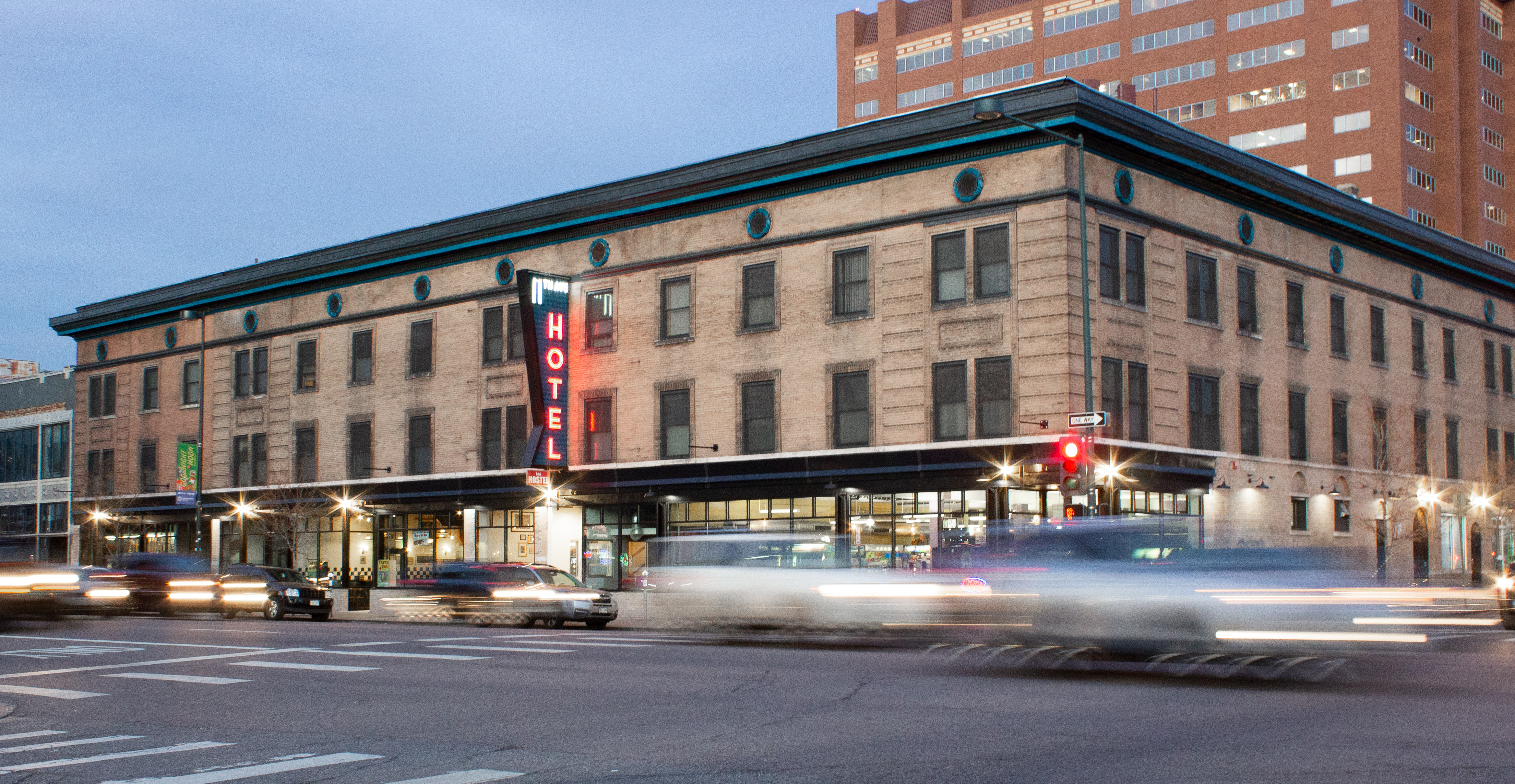 11th avenue hostel at dusk in denver, colorado photo