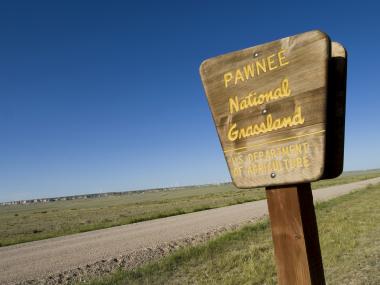 A sign welcomes visitors to some of the last shortgrass prairie in the nation at Pawnee National Grassland