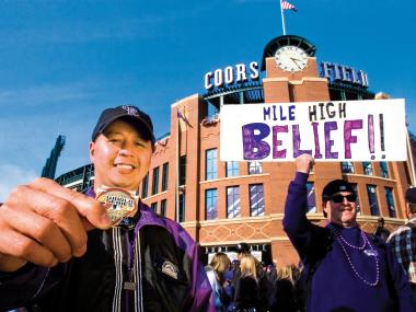 Devoted Rockies fans gather outside Coors Field in downtown Denver to attend one of the games in the 2007 World Series.