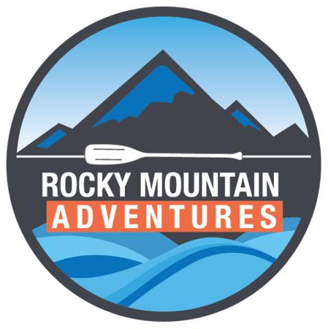 Rocky Mountain Adventures company logo is a black-outlined circle with black and drawn blue mountains in the background over rolling blue waves of a cartoon river. 