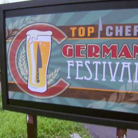 Colorado Top Chef Episode 6 Sign with pint of beer saying "Top Chef German Festival"