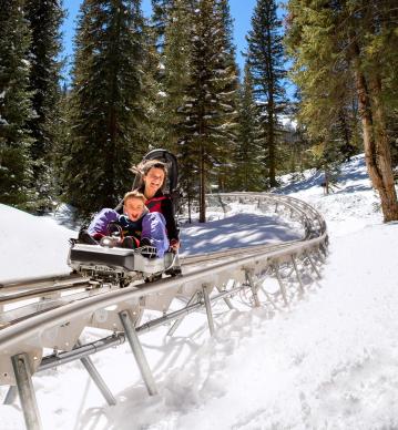 Alpine coaster mom and daughter A mom and daughter zip down an alpine coaster surrounded by evergreen trees and snow