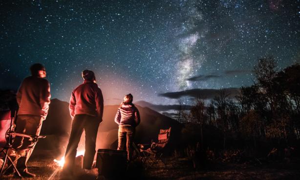 People at a campsite looking at the Milky Way at night