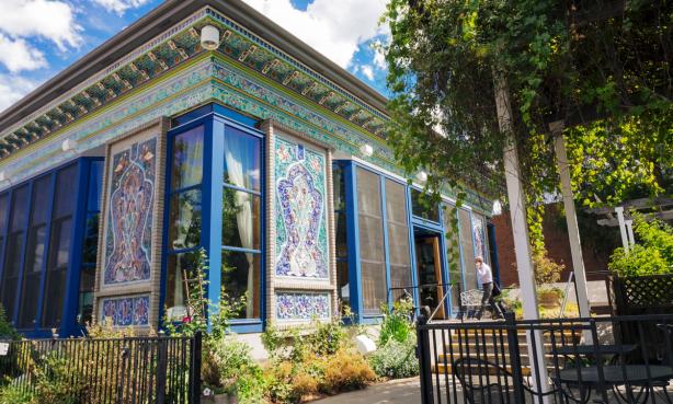 Corner of Boulder Dushanbe Teahouse on a summer day