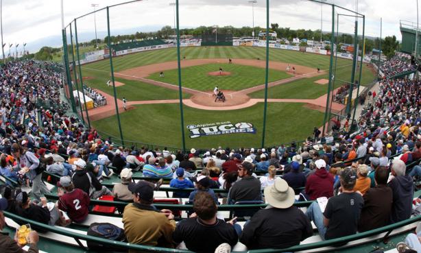 view of stadium and crowd at Junior College World Series in Grand Junction, Colorado