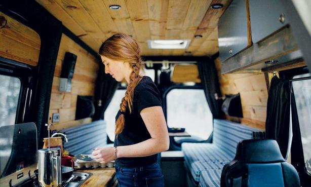 Breakfast on the road in an Aspen Custom Vans campervan