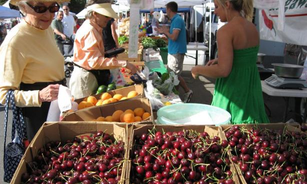 Cherries and peaches at the Aspen Farmers Market in Aspen, Colorado