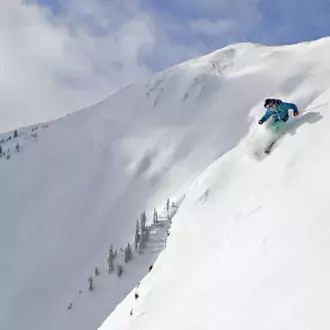 skiing fresh powder lines on highland bowl, aspen highlands. photo