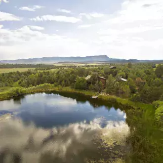sky view of willowtail springs. our cabins look out to the private lake. photo
