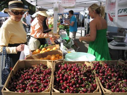 Cherries and peaches at the Aspen Farmers Market in Aspen, Colorado